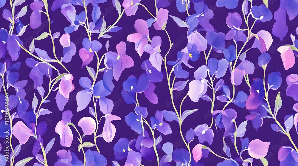 Canvas Prints Sweet Peas Floral Vines Repeating Pattern In Purple