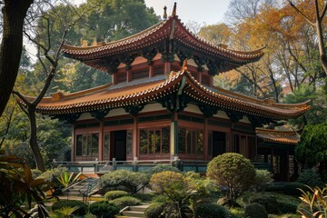 Traditional chinese pagoda standing in a peaceful garden, surrounded by trees with colorful foliage