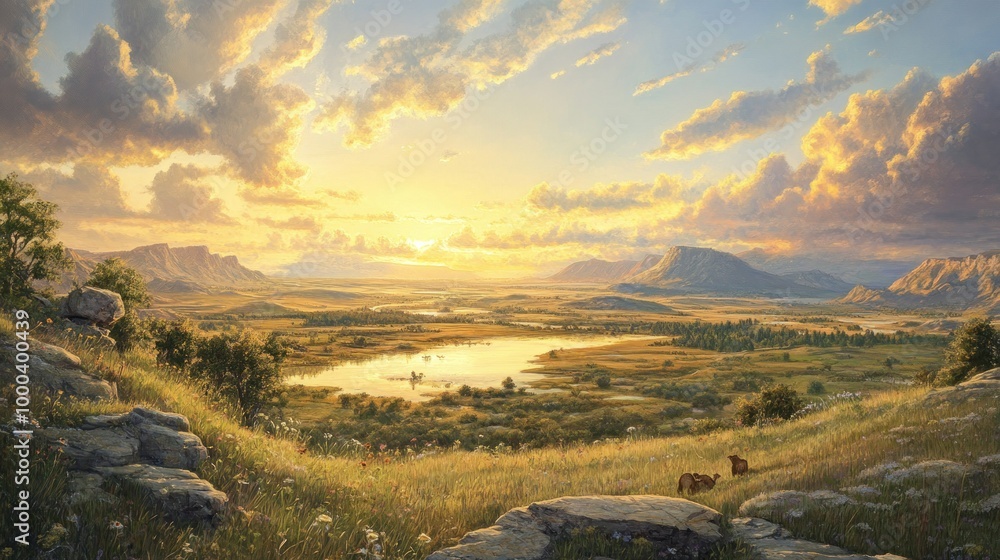 Canvas Prints Golden Hour Panorama of a Valley with a Lake, Mountains, and Two Deer