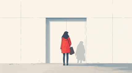 Woman in a red coat standing before a white door