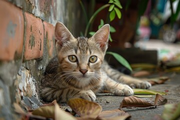 Curious tabby kitten is lying on the ground outside near a brick wall surrounded by dry leaves