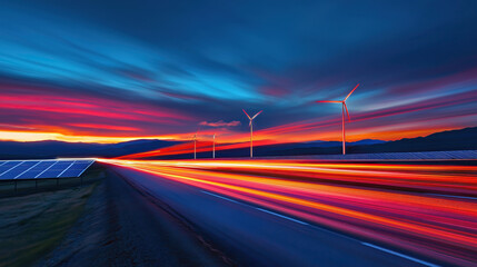 long exposure with motion blur light trail of wind turbines renewable energy at night   