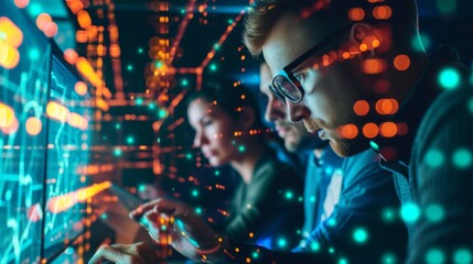 A focused team of professionals working together, with a vibrant overlay of digital technology graphics. This scene highlights innovation, collaboration, and data-driven work environments.
