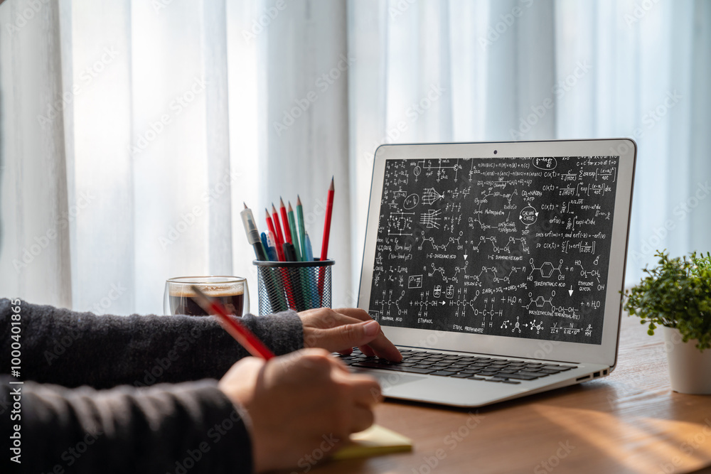 Poster mathematic equations and modish formula on computer screen showing concept of science and education