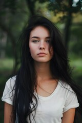 Fototapeta premium Portrait of young adult woman with long black hair wearing white shirt