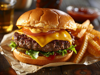 Juicy beef burger topped with cheddar cheese, lettuce, and tomato, served with crispy fries. delicious meal perfect for any occasion!