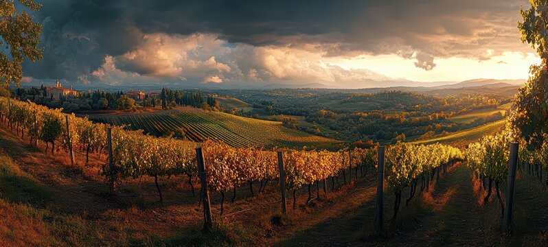 A panoramic view of a vineyard