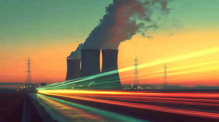 long exposure with motion blur light trail of nuclear power plant at sunset