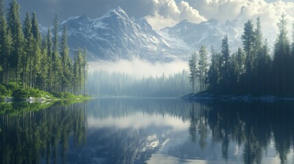 Serene Mountain Lake with Reflections of Trees and Clouds