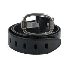 Fashionable men's leather belt with matted metal buckle isolated on white background. Black belt for men. Black leather belt for trousers and jeans. Male accessory