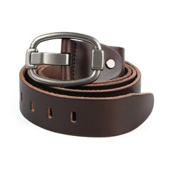 Fashionable men's leather belt with matted metal buckle isolated on white background. Brown belt for men. Brown leather belt for trousers and jeans. Male accessory