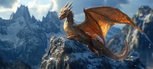 Obraz premium A regal dragon perched atop a snow-capped peak