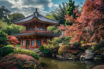 Fototapeta premium Three tiered pagoda is standing on the edge of a pond in a japanese garden