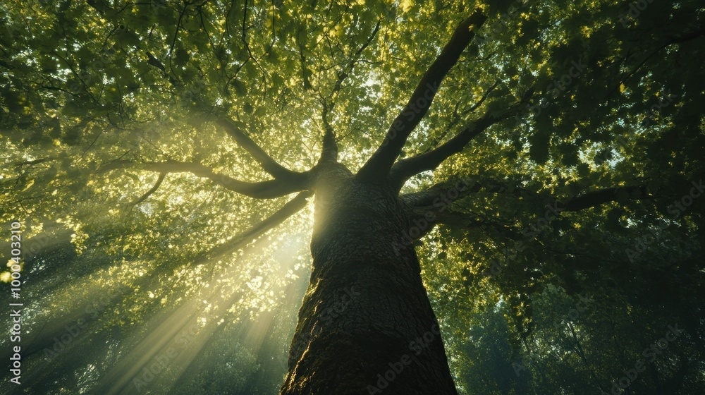 Poster Sunlight Streaming Through the Canopy of a Tall Tree