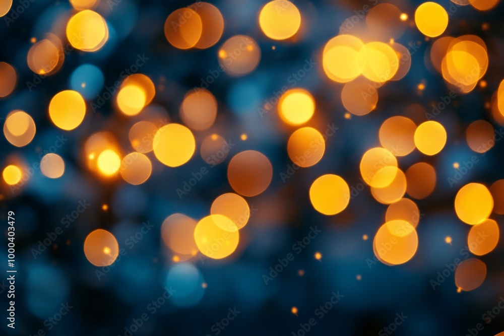 Sticker Blurry golden bokeh lights glowing softly against a blue backdrop representing holiday decorations and a festive atmosphere