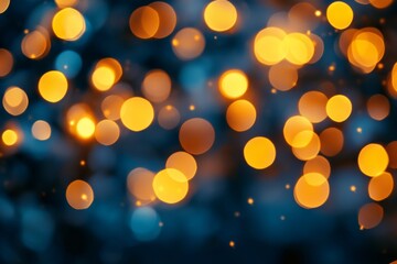 Obraz premium Blurry golden bokeh lights glowing softly against a blue backdrop representing holiday decorations and a festive atmosphere