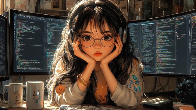 Anime girl programmer working on code, concept art