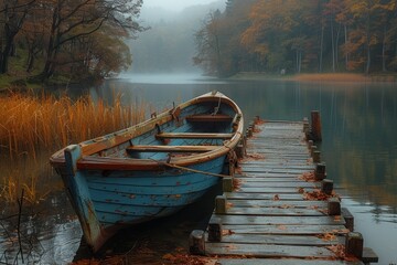 Old blue boat by wooden dock at serene lake surrounded by reeds and overhanging trees