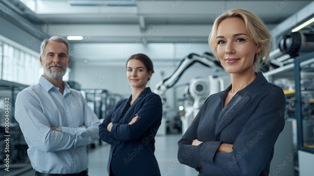 Aufkleber Team of engineers is smiling with arms crossed in a modern factory with robotic arms