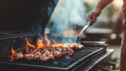 person grilling skewers on barbecue with flames and smoke in outdoor summer cookout setting