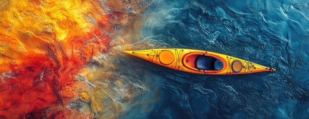 Vibrant Yellow Kayak Floating on Colorful Abstract Waters - Aerial View of a Serene Adventure