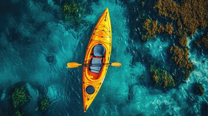 Bright Yellow Kayak on Crystal Clear Turquoise Waters by a Rocky Shore - Aerial Nature Landscape