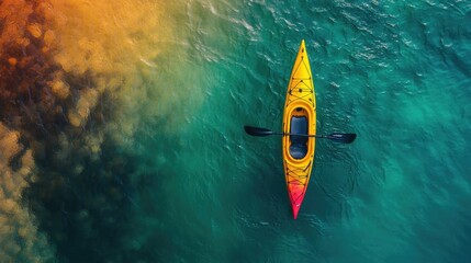 Vibrant Yellow Kayak Floating on Colorful Abstract Waters - Aerial View of a Serene Adventure