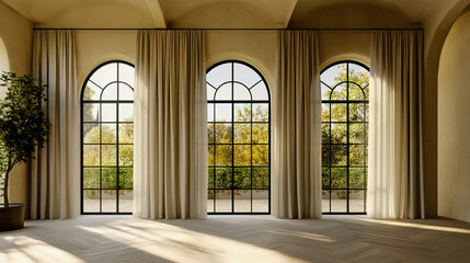 Room with large arched windows featuring a black steel frame.