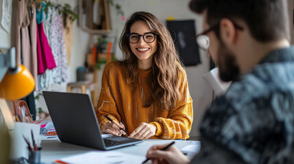 Two fashion designers smiling and discussing new collection in their small studio
