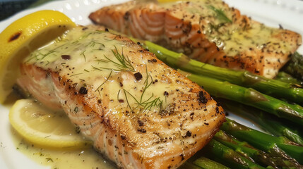 Grilled salmon fillets with lemon dill sauce served with asparagus create delicious and healthy meal.