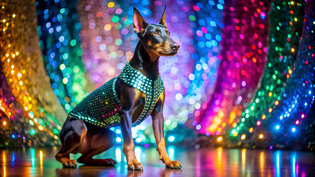 Creative animal concept. Doberman dog puppy in disco neon glitter glam shiny glow sequin outfit, copy text space. commercial, editorial advertisement party invitation invite