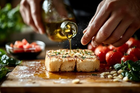 Manos vertiendo aceite de oliva sobre una rebanada de pan tostado con hierbas, mientras se prepara un plato con ingredientes frescos y naturales.