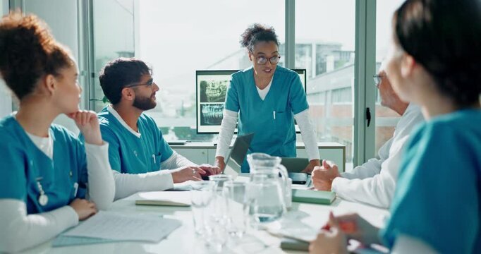 Presentation, applause and team of doctors in hospital for surgery success, good news and support. Meeting, clapping hands and group of healthcare workers with celebration for medical goals in clinic