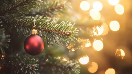 Obraz premium Christmas decoration. Red balls hanging on pine branches Christmas tree garland and ornaments over abstract bokeh background with copy space