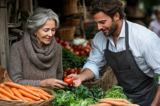 Una mujer mayor y un agricultor intercambian sonrisas mientras seleccionan verduras frescas en un mercado al aire libre. Los productos coloridos y el ambiente rural reflejan la cercan&iacute;a con la tierra 