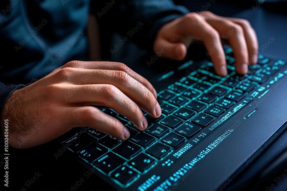 Poster Close-up of a hackerâ€™s hands typing on a keyboard, with every keypress and line of code sharply defined, emphasizing the precision of their work