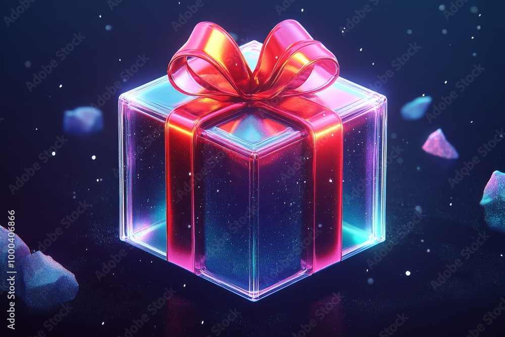 Poster neon colored gift box with glowing ribbon on a dark background with floating particles highlighting 