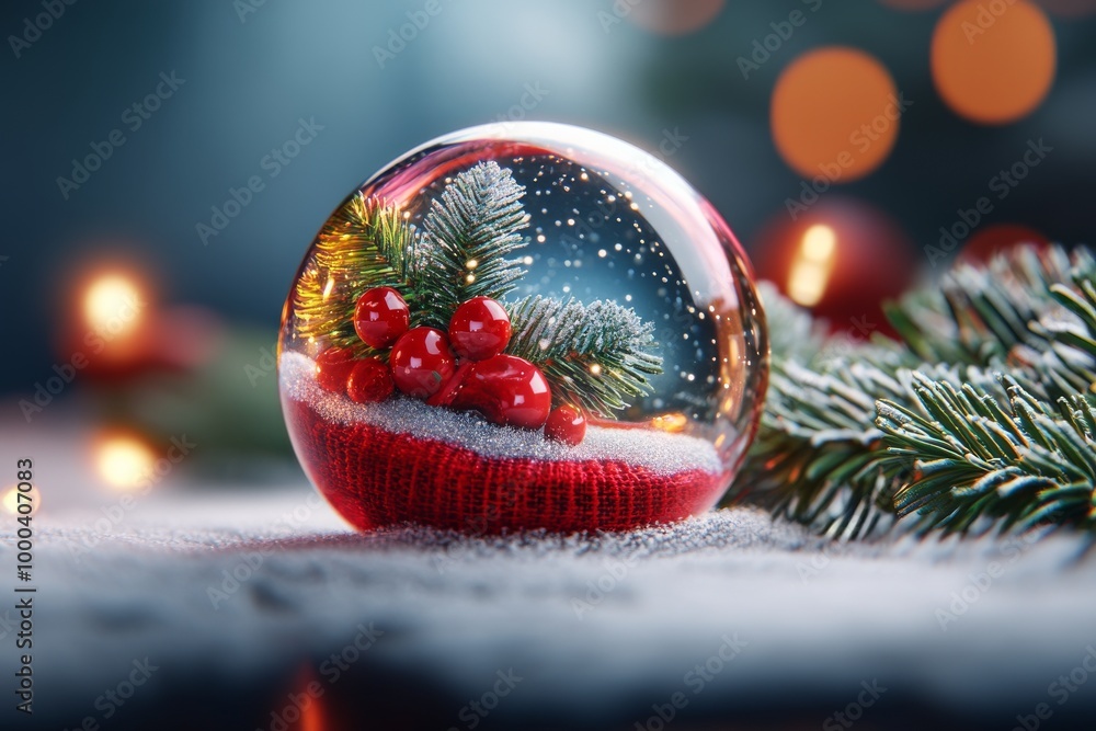 Poster christmas snow globe with pine branch and red berries inside set on a frosty surface symbolizing win