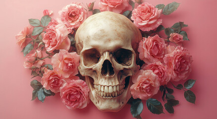 Obraz premium A human skull surrounded by pink roses on a pink background, symbolizing the contrast between life and death. The macabre yet beautiful aesthetic makes it a striking and thought-provoking image.