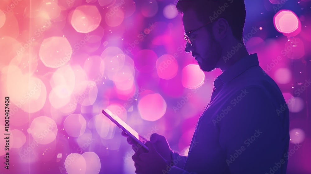 Poster a silhouetted man using a tablet against a background of warm and vibrant bokeh lights. the scene em