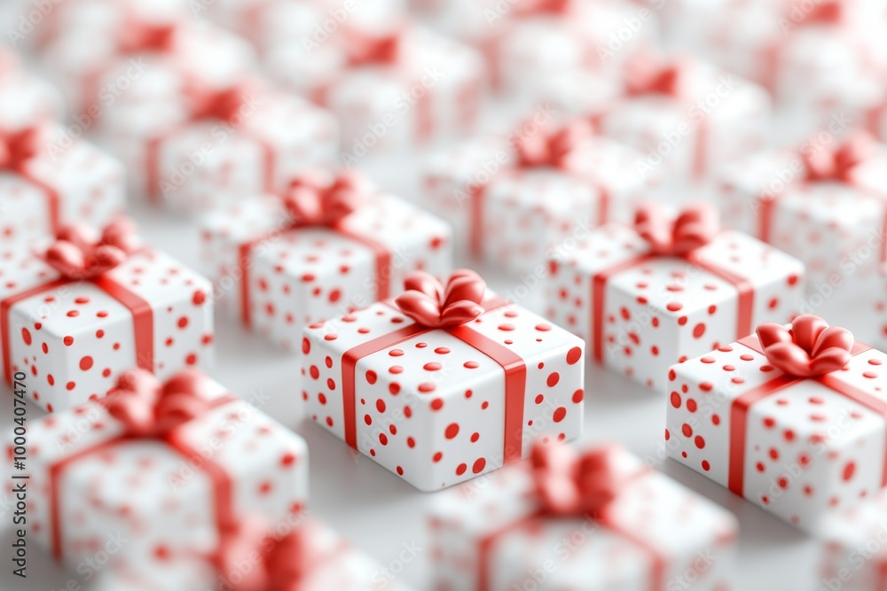 Aufkleber multiple small gift boxes in red and white with polka dot patterns arranged in rows symbolizing mass