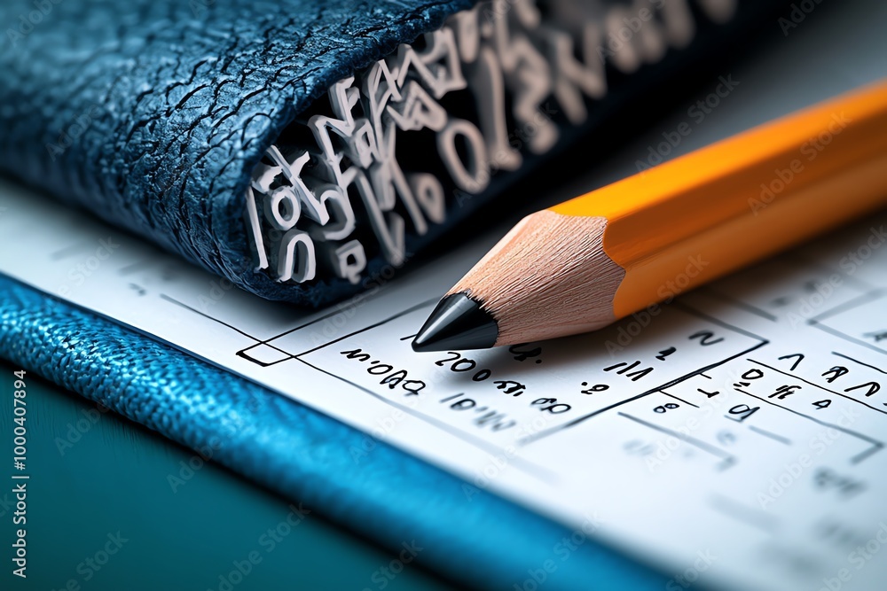 Poster close-up of a math workbook with a pencil beside it, showing detailed writing, numbers, and equation