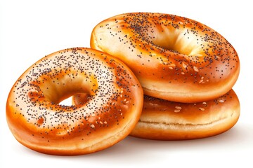Tres bagels frescos y dorados cubiertos con semillas de amapola, perfectos para un desayuno o almuerzo rápido.