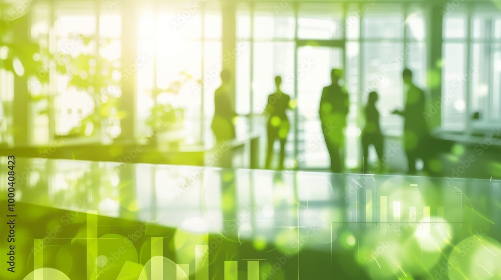 Poster blurry silhouettes of people in a modern office setting with a green bokeh overlay, creating an abst