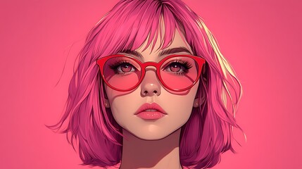 Pink haired woman with red glasses digital art portrait