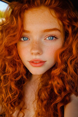 Fototapeta premium Close-up photo of a cute girl with curly red hair and blue eyes taking a selfie in the car.