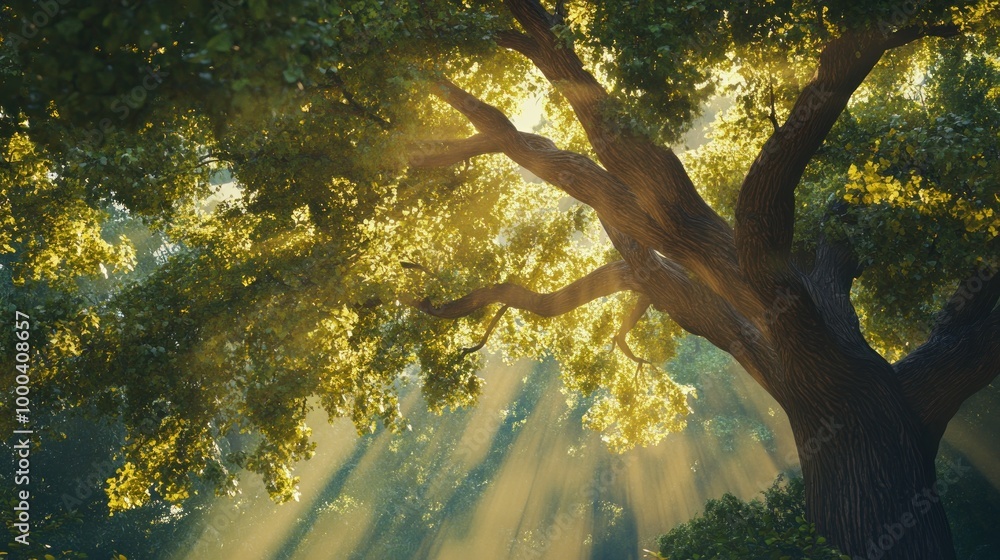 Poster Sunbeams Filtering Through a Lush Canopy of a Large Oak Tree