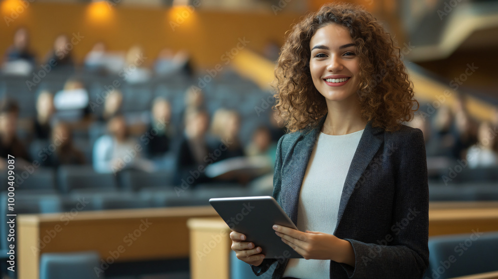 Poster university professor smiles while holding a tablet in a lecture hall filled with students