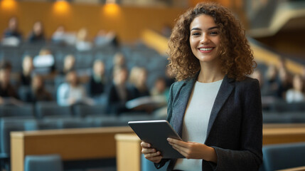 University professor smiles while holding a tablet in a lecture hall filled with students