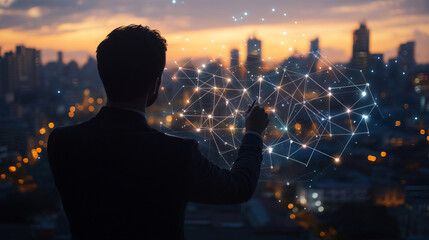 Businessman drawing network connections with his finger over a cityscape at sunset